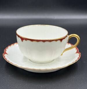 Haviland Limoges France Teacup & Saucer Crimson Red Gold Missouri Glass c1900’s
